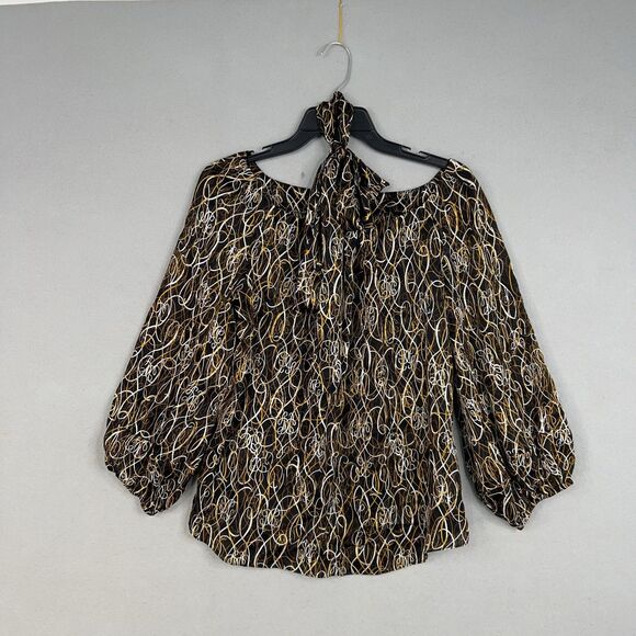 Diane von Furstenberg Blouse Womens 8 Black Gold White Silk Tie Waist Peasant - Picture 13 of 16